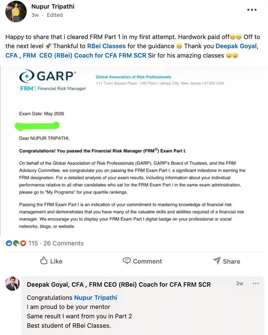 Nupur Tripathi's LinkedIn post announcing she cleared FRM Part 1 in her first attempt and thanking RBei Classes