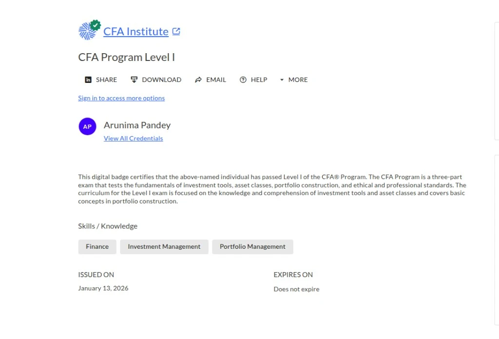CFA Institute verified CFA Program Level I digital badge for Arunima Pandey, issued 13 January 2026, does not expire