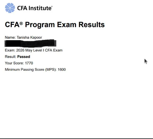 CFA Institute result letter confirming Tanisha Kapoor passed the 2026 May Level I CFA exam with a score of 1770 against a minimum passing score of 1600