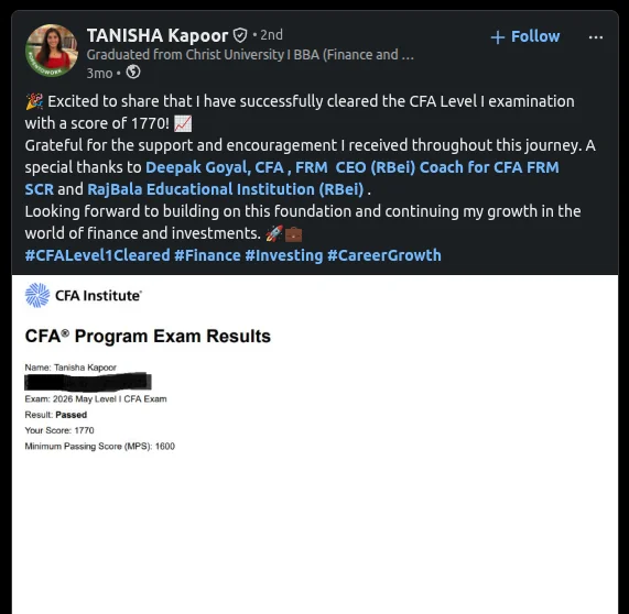 Tanisha Kapoor LinkedIn post announcing she cleared CFA Level I with a score of 1770 and thanking Deepak Goyal of RBei Classes