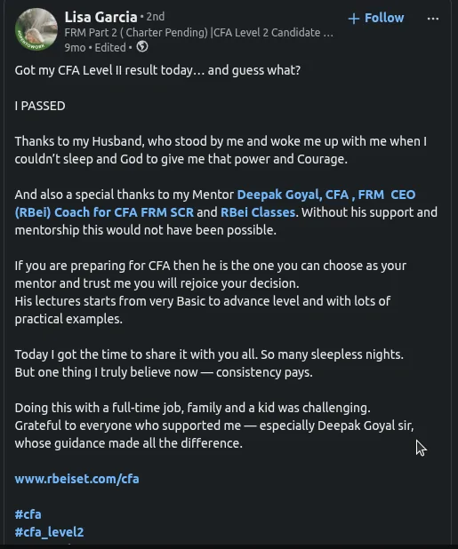 Lisa Garcia LinkedIn post announcing she passed CFA Level II while balancing a full-time job, family and a child, and recommending Deepak Goyal of RBei Classes