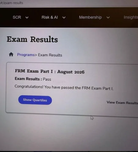 GARP Exam Results screen showing Niketa Shringi passed the FRM Exam Part I in the August 2026 window