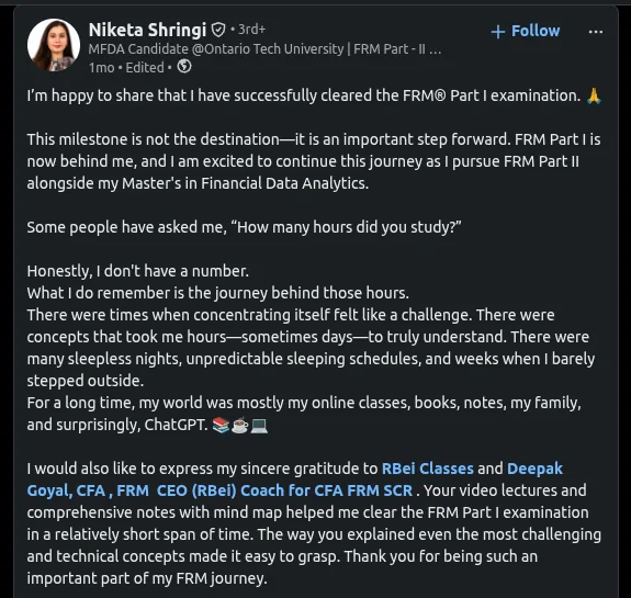 Niketa Shringi's LinkedIn post announcing she cleared FRM Part I and thanking RBei Classes and Deepak Goyal