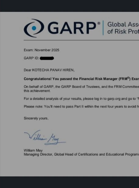 GARP FRM Exam Part I confirmation letter addressed to KOTECHA PANAV HIREN, November 2025 window, stating he passed