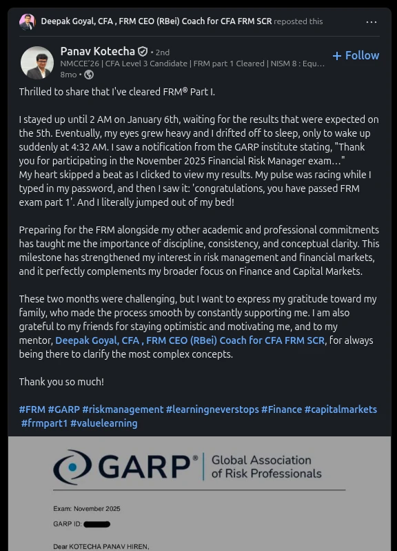 Panav Kotecha's LinkedIn post announcing FRM Part I, the 4:32 AM GARP notification, and thanking Deepak Goyal of RBei Classes