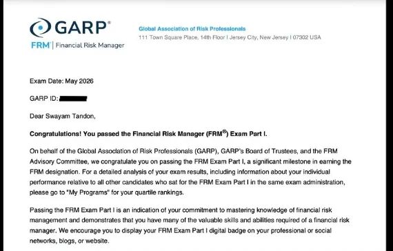 GARP letter confirming Swayam Tandon passed the FRM Exam Part I in the May 2026 window