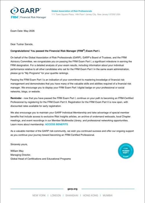 GARP letter confirming Tushar Sarode passed the FRM Exam Part I in the May 2026 window