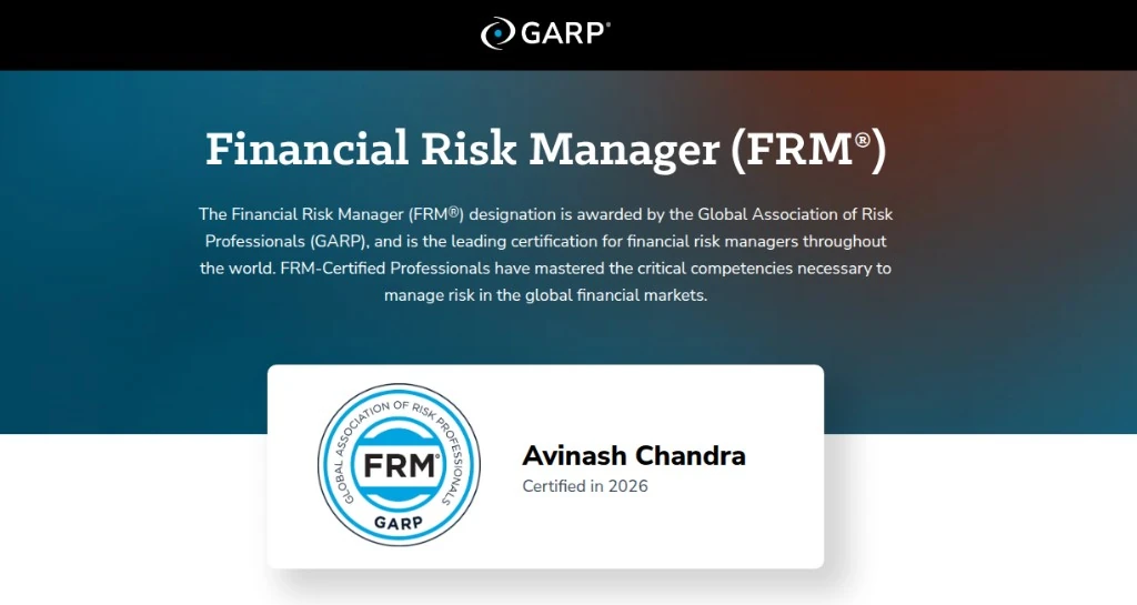 GARP FRM digital badge confirming Avinash Chandra was Certified in 2026
